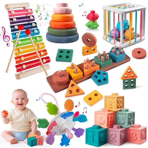 6-in-1 Montessori Baby Toy Set with Wooden Shape Sorter Xylophone Teether | 5 Stacking Rings, 6 Building Blocks, 20 Shape Blocks, Sensory Cube, Stacking, Sorting, Matching, Fine Motor Play, Baby Gift - Image 1