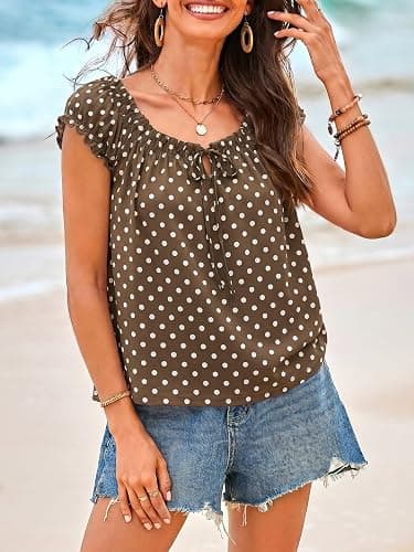Tankaneo Women Summer Tie Front Tank Tops Cap Sleeve Babydoll Flowy Tops | Pleated Shirt,Casual Loose Fit,Polka Dot,Peplum,Going Out,Cute Boho thumbnail 5