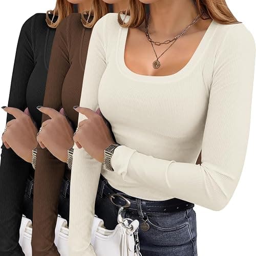Ekouaer Womens 3 Pack Long Sleeve Shirts Square Neck Basic Ribbed Tops Tee Thermal Undershirts XS-XXL - Image 1