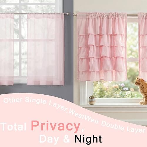 WestWeir Pink Ruffle Cafe Curtains 24 Inch Length Water Repellent Double Layer Kitchen Window Tiered Treatments 2 Panels for Bathroom Laundry RV Farmhouse Boho Decor thumbnail 2
