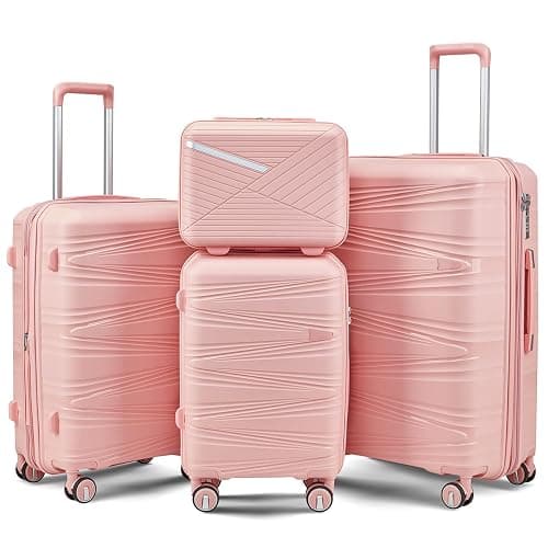 TRAVELEO 4 Piece Luggage Set PP Hardshell, Expandable Suitcase Set (20/24/28) with 14" Cosmetic Case, Lightweight Spinner Wheels with TSA Lock, Detachable Wheels for Nesting Storage (Pink) - Image 1