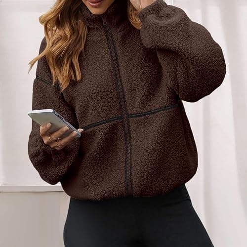 Sherpa Jacket Women Warm Zip Up Fleece Coat Stand Collar Fall Winter Fuzzy Jackets with Pockets Plush Outerwear Coats thumbnail 3