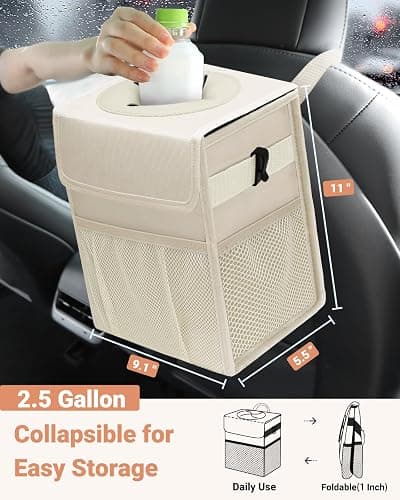 Capolo Car Trash Can with Lid, Leakproof Car Garbage Can Car Trash Bag | Waterproof, Trash Can for Car, 3 Mesh Pockets, Mini Hanging Vehicle Car Trash Bin, for Back/Front Seat (Beige,2.5 Gal) thumbnail 2