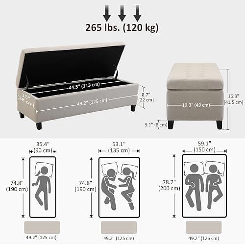 HOMCOM Large 50" Rectangular Storage Ottoman Bench, Tufted Upholstered Linen Fabric Wood Feet Entry Bench, Contemporary Home Decor Beige thumbnail 3