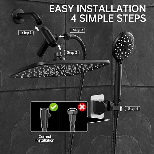 Veken 11.8 Inch Rain Shower Head with Handheld- High Pressure Dual Shower Heads with 5 Modes Handheld Spray Combo- Wide Rainfall Showerhead with Hose, Bathroom Accessories, Matte Black thumbnail 6
