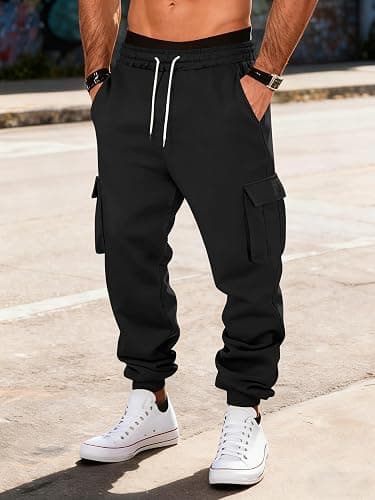 TRFIC Mens Fleece Cargo Sweatpants Heavyweight Elastic Waist Pants with Pockets Baggy Drawstring Jogger Pants thumbnail 5