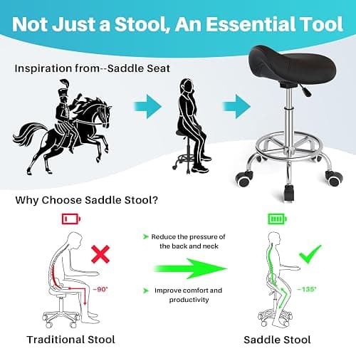 YEEZEE Saddle Stool Ergonomic- Comfortable Rolling Saddle Stool with Wide Thick Saddle Seat Padding, Swivel Adjustable Saddle Chair with Wheels and Ring Pedal for Medical Massage Salon (Dark Black) thumbnail 3