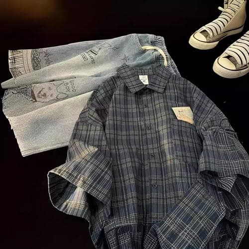 Mens Plaid Short Sleeve Teens Harajuku Vintage Aesthetic Baggy T-Shirts thumbnail 2