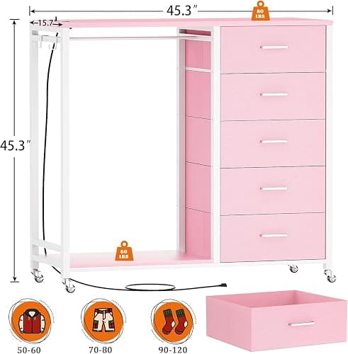 iSunirm 2 in 1 Chest of Drawers, Dresser for Bedroom,5 Fabric Drawers Dresser with LED Lights & Charging Station,Open Wardrobe with Clothes Rack,Pink thumbnail 2
