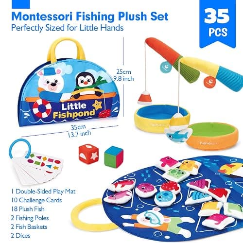 hahaland Montessori Toys for 1 Year Old - Fishing Game for Toddlers 1-3 with Shapes Colors Learning Mat, Dices, Fish, 2 Poles, Cards, 1 Year Old Educational Toys Toddler Games Ages 2 thumbnail 2