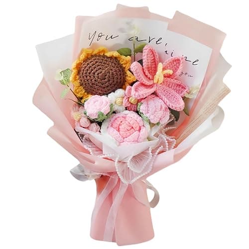 LOEVEN Crochet Flowers, Crochet Flower Bouquet, Crochet Sunflower, Tulip Roses Handmade Knitted Flowers, Carnation, Preserved Flower for Mother's Day, Valentine's Day, Birthday, Graduation (Pink) - Image 1
