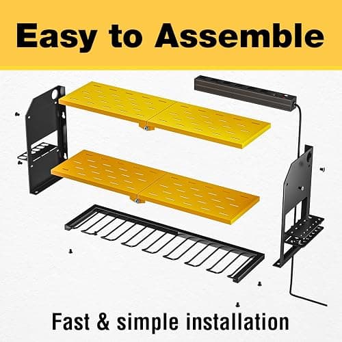 YYR Power Tool Organizer with Charging Station Wall Mount, Cordless Drill and Battery Holder for Garage Organization, Electric Tools Storage Rack Build in Surge Protection Power Strip - Yellow Shelf thumbnail 8