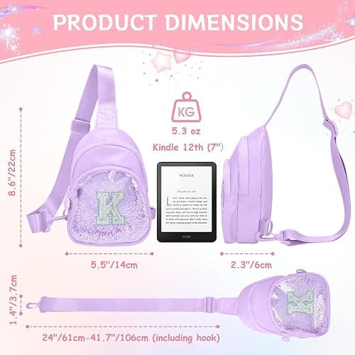 Bomvabe Glitter Initial Sling Bag for Tween Girls with Adjustable Strap 24"-41", Birthday Gift Trendy Stuff for 6-14 Years Old Girls, Personalized Crossbody Bag for Kids, Purple with Letter K thumbnail 2
