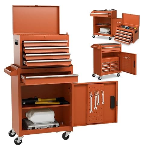 COSTWAY Large Rolling Tool Cabinet, 2-in-1 Detachable Metal Tool Chest with Drawers, Wheels, Handle & Hooks, Lockable Tool Box Trolley for Garage Workshop (5 Drawer with Adjustable Shelf, Orange) - Image 1