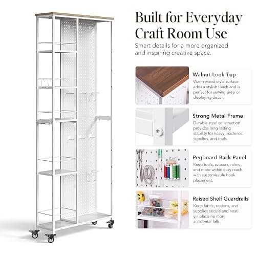 Craft Storage Cart with Dual-Sided Pegboard,5-Tier Shelves Craft Room Storage and Organization,Craft cart Lockable Wheels, Rolling Organizer for Craft Room, Art Supplies,Small Spaces (White, 68.7" H) thumbnail 6