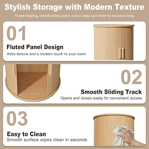 INNOD Side Table with Storage for Living Room, Round End Table with Sliding Tambour Door, Wood Night Stand Nightstand Bedside Table for Bedroom, Small Round Side Table, Mid Century Modern, Light Oak thumbnail 4