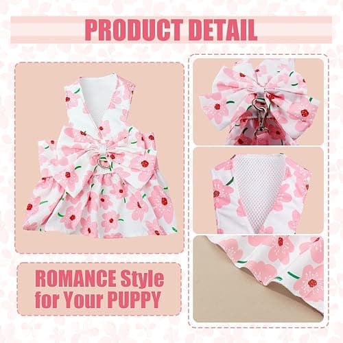 Dog Dress Bowknot Harness Leash Set for Small Dogs Red Strawberry Dog Cat Clothes Cute Puppy Outfits Pet Clothes Spring Summer Breathable Dresses(X-Samll) thumbnail 5