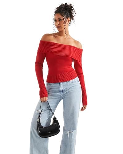 SUUKSESS Women Off Shoulder Sweaters Long Sleeve Ribbed Knit Going Out Fall Tops Blouse thumbnail 3