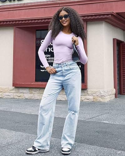 SUUKSESS Women Double Lined Fitted Basic T Shirts Crew Neck Long Sleeve Crop Top thumbnail 4