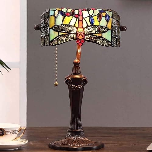 Bieye L10058 Dragonfly Tiffany Style Stained Glass Banker Table Lamp with 10-inch Wide Lampshade and Zinc Base for Reading Working Desk (Green) thumbnail 3