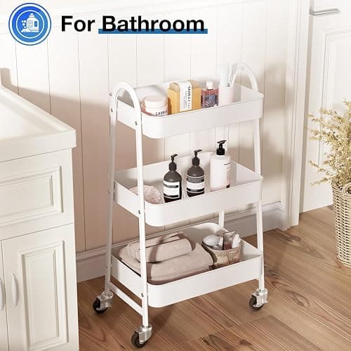 OLIXIS Metal 3 Tiers Utility Rolling Cart, Mobile Storage Shelf with Lockable Caster Wheels, Organization for Livingroom, Bathroom & Narrow Places, White thumbnail 4