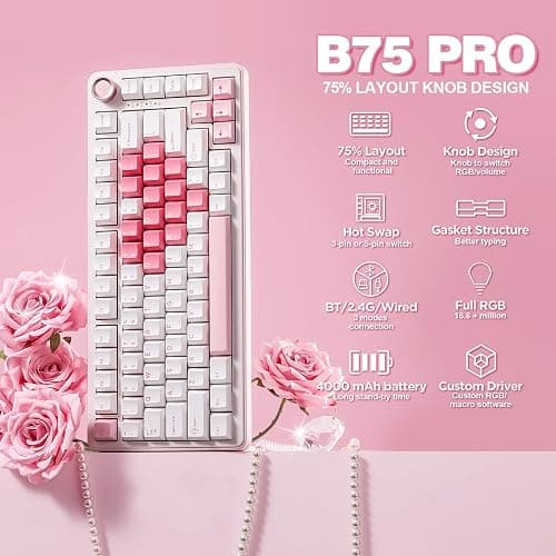 YUNZII B75 PRO Wireless Mechanical Keyboard,75% Gaming Keyboard Gasket Hot Swap Custom Keyboard with Knob,Pre-lubed Switches RGB,Bluetooth/Type-C/2.4G (White Heart, Cocoa Cream V2 Switch) thumbnail 2
