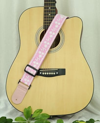 ALLZEDREAM Guitar Strap,Genuine Leather Ends,Lace Sequins Original Design (Lace Pink) thumbnail 2