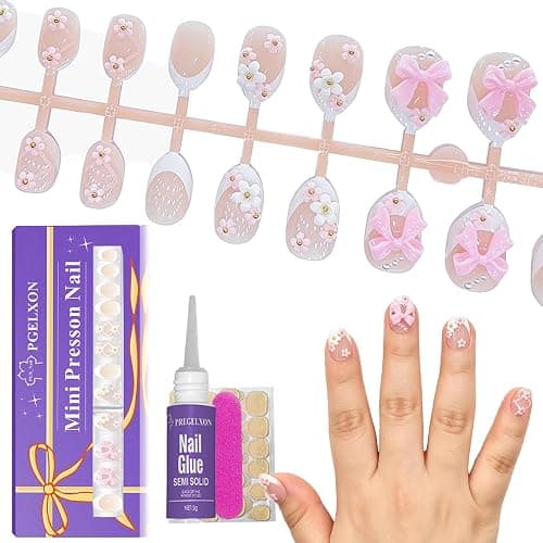 24pcs Press on Nails for Kids, Trendy Ballet Bow & Flower for Girls 8-12 | Almond Short French Tips, 12 Size, Non-Toxic, Fashion Nail Kit with Adhesive Tabs, Nail File, for Christmas, Birthday, Party - Image 1