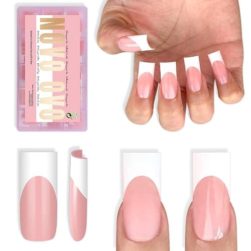 NOVO OVO Medium Sharp Square White French Tip Nail Tips Press on BABY PINK, Extra Thick NEED Builder Gel & Top Coat & Glue, Soft Gel Full Cover False Fake Nail Extension in Salon DIY x 15 Sizes 180 pc - Image 1