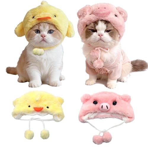 FOSDICK Cat Hat with Ear Holes Soft Plush Chick Pig Design Hats for Cats Funny Hat Cat Outfit Kitten Costume Warm Winter Accessory Soft Small Pet Headwear for Photoshoots and Parties (Yellow, Pink) - Image 1