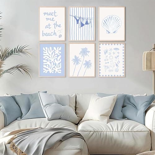 Blue Coastal Wall Art Decor Beach Preppy Canvas Poster Coastal Granddaughter Prints Aesthetic Beachy Picture Summer Bikini Coast Artwork Ocean Cute Shell Painting for Girly Dorm 8x10x6 Inch Unframed thumbnail 3