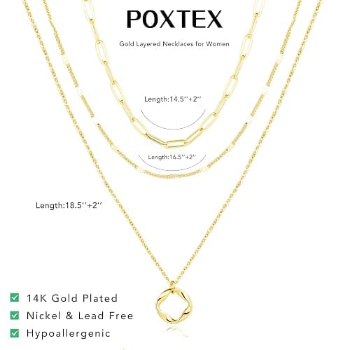 Poxtex Layered Gold Necklaces for Women,Stackable Dainty 14K Gold Silver Plated Trendy Circle Paperclip Chain Pendant Choker Necklace,Simpl Diamond Cross Bow Jewelry Set Gifts for Women thumbnail 6