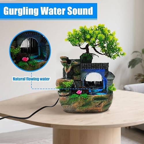Tabletop Waterfall Fountain – 11 in Rockery Humidifier with Color-Changing LED Light, Adjustable Pump & Faux Bonsai Tree, Resin Indoor Desk Fountain Décor for Bedroom, Office, Aquarium, Meditation thumbnail 5