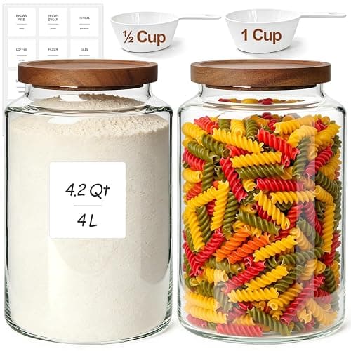 ComSaf Flour Storage Containers with Acacia Wood Lids 1Gallon 2Pack | 4.2Qt Large Glass Jar, for Cooks, Flour Cereal Rice Oats, Kitchen Pantry, 4.4in Wide Mouth, Canister with Scoops & Labels - Image 1
