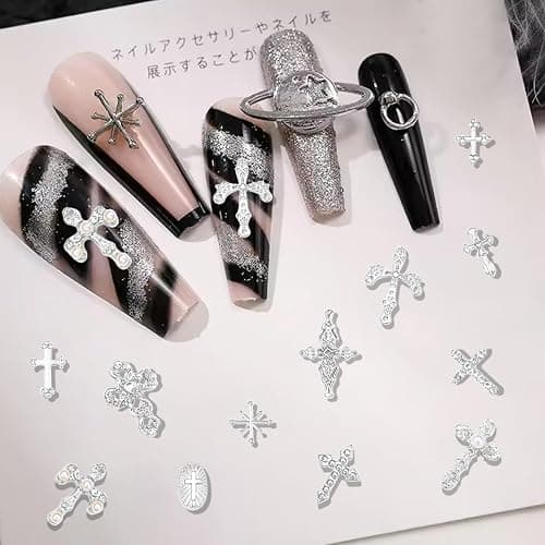 30 Pcs Kreuz Nagel Charms für Nagelkunst, 3D Metall Kristall Kreuz Nagel Dekorationen, Legierung Nagel Nieten und Strasssteine für Frauen Mädchen DIY Schmuck Handwerk Zubehör (C-Silber) thumbnail 5