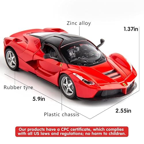 BDTCTK 1:32 Farrari Car Model Pull Back Car with Sound and Light for Kids Boy Girl, Metal Body Door Opened Red - Red thumbnail 3