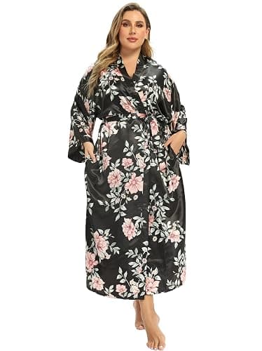 feslieacc Women's Floral Long Satin Robes Plus Size Long Silk Robes Peacock Floral Kimonos Sleepwear Dressing Gown - Image 1