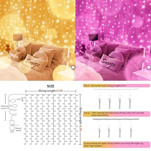 suddus Color Changing Curtain Lights, 200 Led 6.5ft x 6.5ft Hanging String Lights Outdoor, Fairy Curtain Lights for Bedroom, Window, Wall, Wedding, Party, Birthday Decor Warm White & Fuchsia thumbnail 4