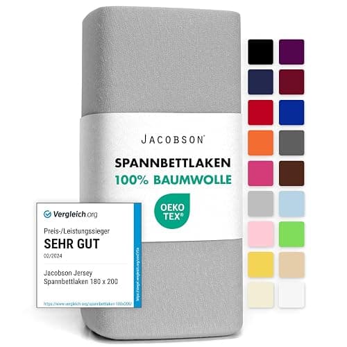 Jacobson Jersey Spannbettlaken Spannbetttuch Baumwolle Bettlaken (140x200-160x200 cm, Grau) - Image 1