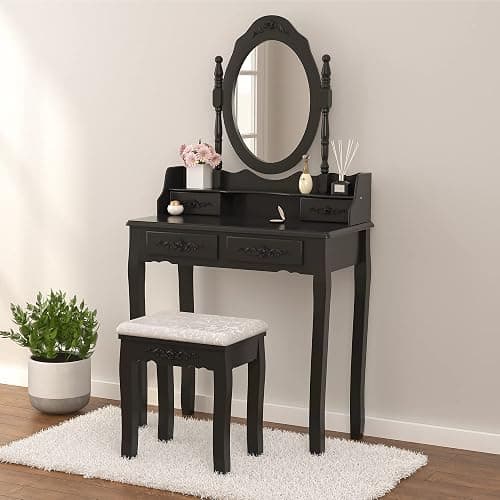 Alohappy Girls Vanity Desk, Makeup Vanity Set with Mirror & Stool, Makeup Table Black Vanity Desk with 4 Drawers Vintage Rose Carving Dressing Desk for Bedroom, Studio (Black) - Image 1