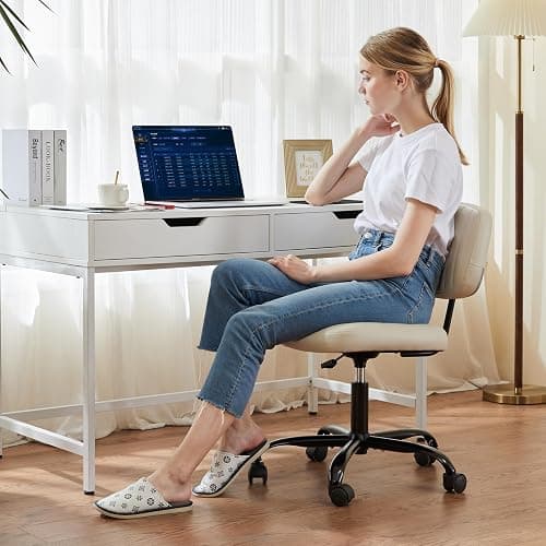 NEWBULIG Armless Small Office Desk Chair with Low Back Lumbar Support, PU Leather Computer Vanity Chair with 360° Swivel Rolling Wheels, Height Adjustable Task Chair for Small Space, White thumbnail 6
