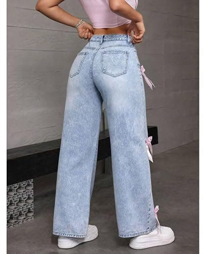 Chmnigma Baggy Jeans for Woman Teen Girls Bow Jeans High Waisted Straight Leg Cute Pants Casual Preppy Clothes thumbnail 5