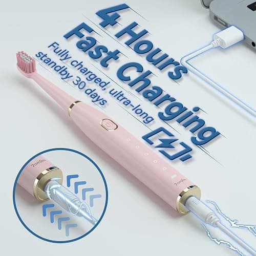 7AM2M Sonic Electric Toothbrush for Adults and Kids High Power Rechargeable | 8 Brush Heads,5 Adjustable Modes, Built-in 2-Minute Smart Timer,4 Hours Fast Charge for 30 Days(Pink) thumbnail 4