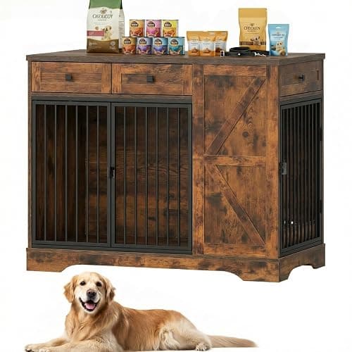 Large Dog Crate Furniture with Storage, Indoor Dog Kennel with 3 Drawers & 2 Feeding Bowls, Furniture Style Wooden Dog Crates for Large/Medium Dogs thumbnail 9