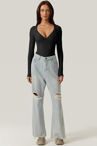 QINSEN Women's Long Sleeve Bodysuit V Neck Body Suits Seamed Cup Going Out Tops Shirt thumbnail 4