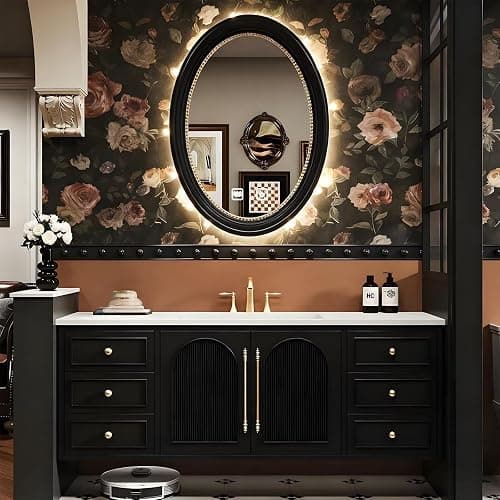 High QLO 40IN Bathroom Vanity - Vintage Luxurious Bathroom Vanity with Sink(Elliptical Mirror)(Golden Accessories) Sink Cabinet with One Click Defogging Mirror & Ample Drawer Storage - Image 1