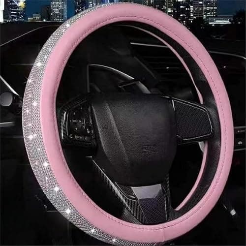 Bling Rhinestone Steering Wheel Cover, Pink Leather Anti-Slip Breathable, Universal Fit 14.5-15 Inch for Women - Image 1