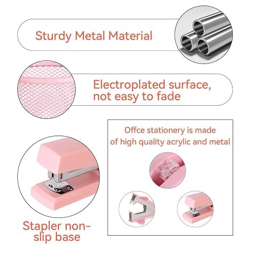 Pink Desk Accessories, Pink Office Supplies Set with Stapler, Tape Dispenser, Staple Remover, Pen Holder, Scissor, Binder/Paper Clips, Ballpoint Pen, Clear Tape and 1000pcs Staples thumbnail 7
