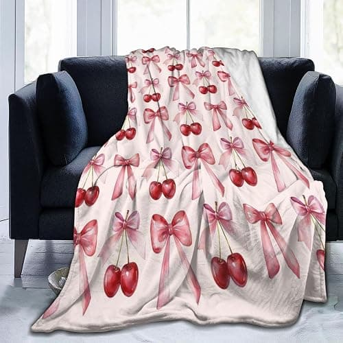 Pink Bow Cherry Coquette Throw Blanket Preppy Cute Aesthetic Flannel Blanket 40"X30" Soft Cozy Warm Bed Blanket for Home Decor Dorm Living Room Bedroom Bed Sofa Travel Camping,Women Girls Gifts thumbnail 5