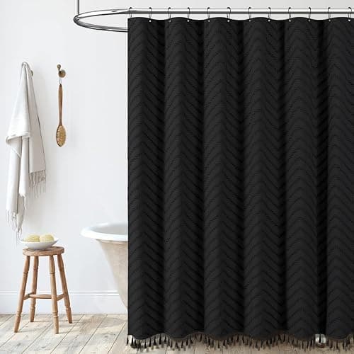 Dynamene Boho Farmhouse Shower Curtain, Black Fabric Tufted Chevron Striped Textured Tassel Shower Curtains for Bathroom, Water Repellent, Minimalist Ruffled Cloth Shower Curtain Set with Hook, 72x72 - Black - 72"W x 72"L (Pack of 1) thumbnail 7